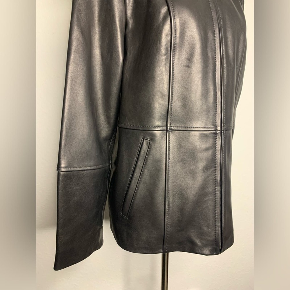WORTHINGTON Genuine Lambskin Leather Black Zip-Up Jacket Oversized Faux Fur Hood - Picture 5 of 9